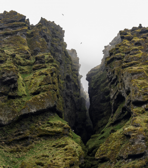 A mountainous, rugged, green and brown chasm 