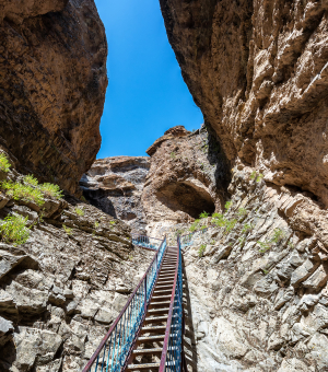 A blue ladder going up a steep cliff toward the blue sky