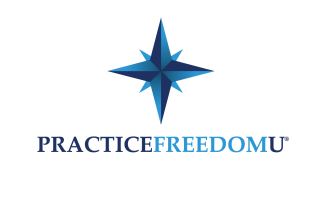 Practice Freedom U® logo featuring a stylized blue compass star above the company name. The text 'PRACTICEFREEDOMU®' is written in a mix of dark blue and light blue serif font, with 'FREEDOM' emphasized in a lighter shade.