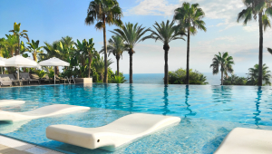 A beautiful pool at a tropical resort