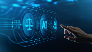 A hand reaching to push electronic buttons labeled with AI and justice icons
