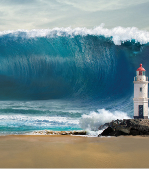 A huge ocean wave about to crash over a lighthouse