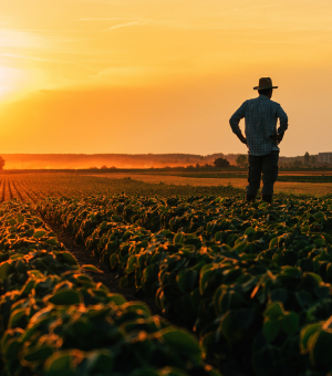 A man standing in a farm field at sunset