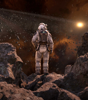 An astronaut standing on a rocky planet in outer space