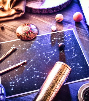 A variety of constellation maps and devices for reading the night sky