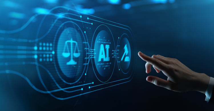 A hand reaching to push electronic buttons labeled with AI and justice icons